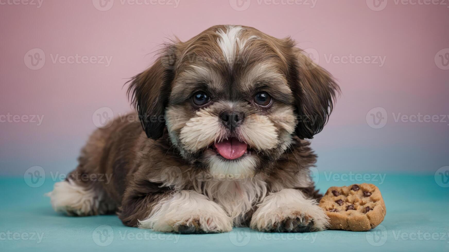 A cute puppy lies on a colorful surface next to a cookie, showcasing a playful moment. photo