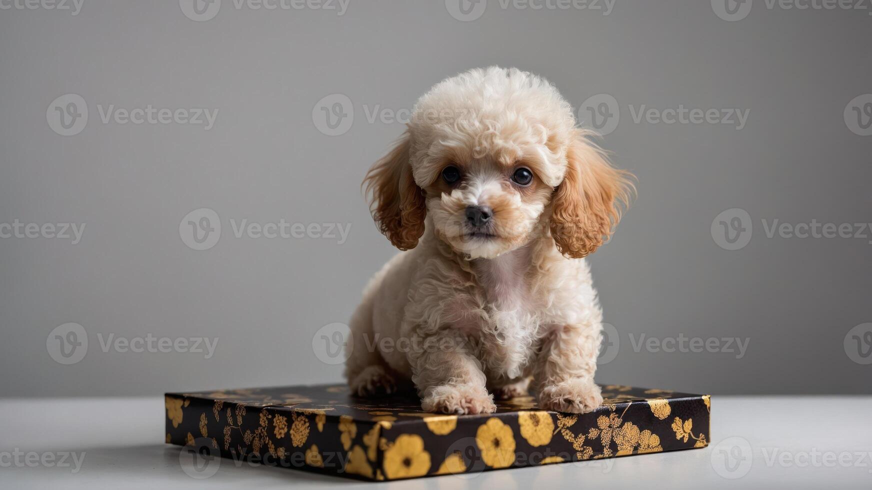 A cute puppy sitting on a decorative box with a neutral background. photo
