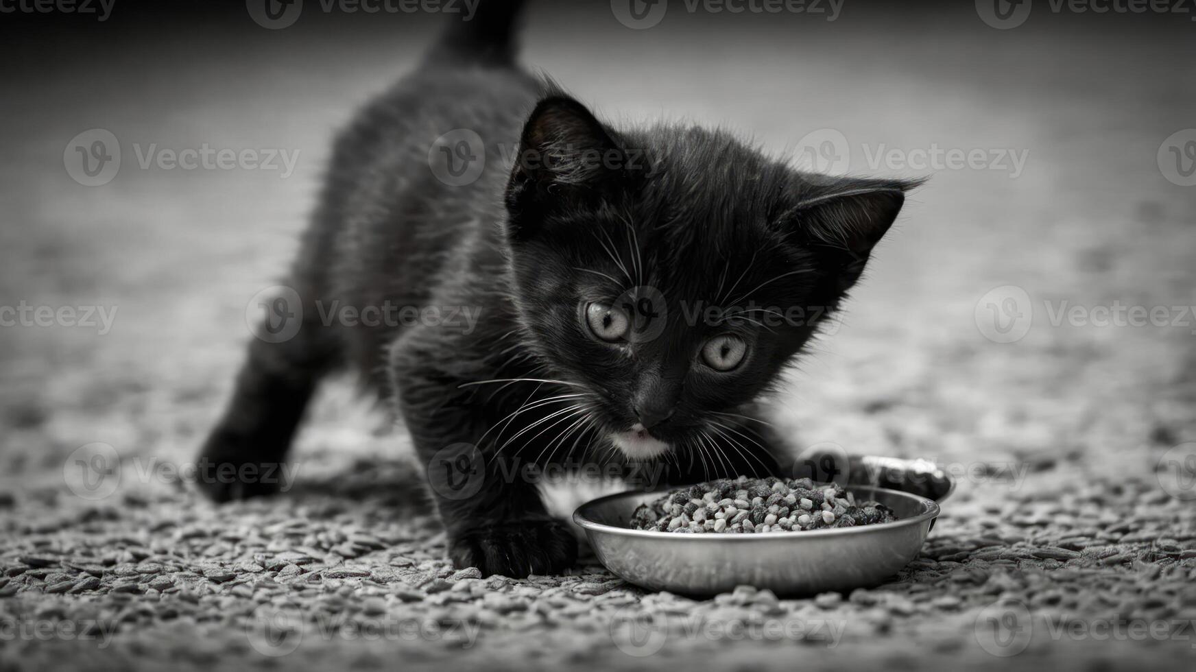 A playful black kitten eating from a small bowl on a textured surface. photo