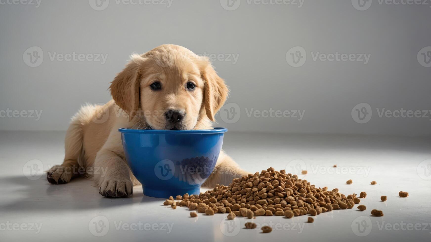 A golden retriever puppy eating from a blue bowl surrounded by pet food. photo