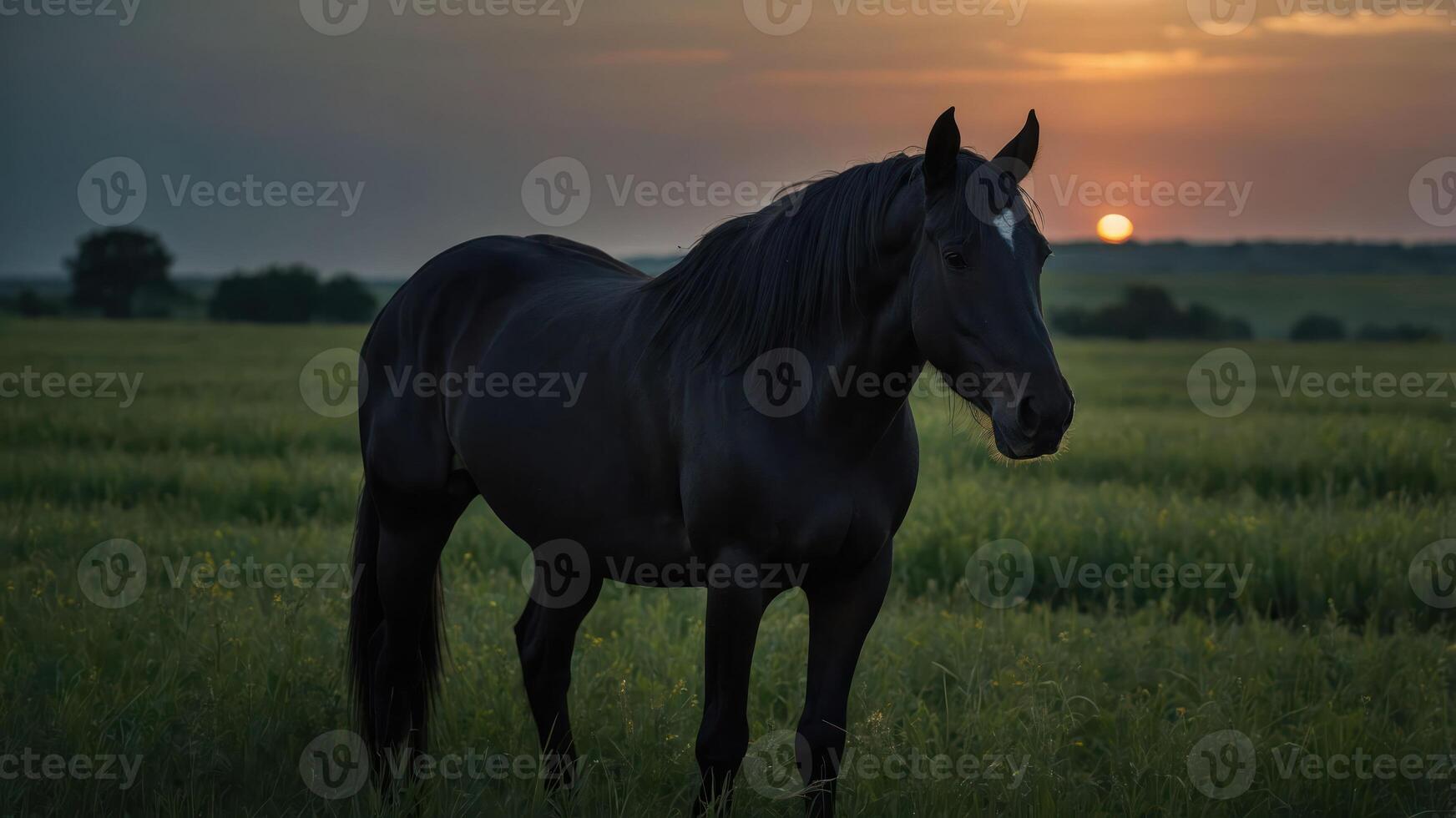 A black horse stands gracefully in a field at sunset, showcasing natural beauty. photo