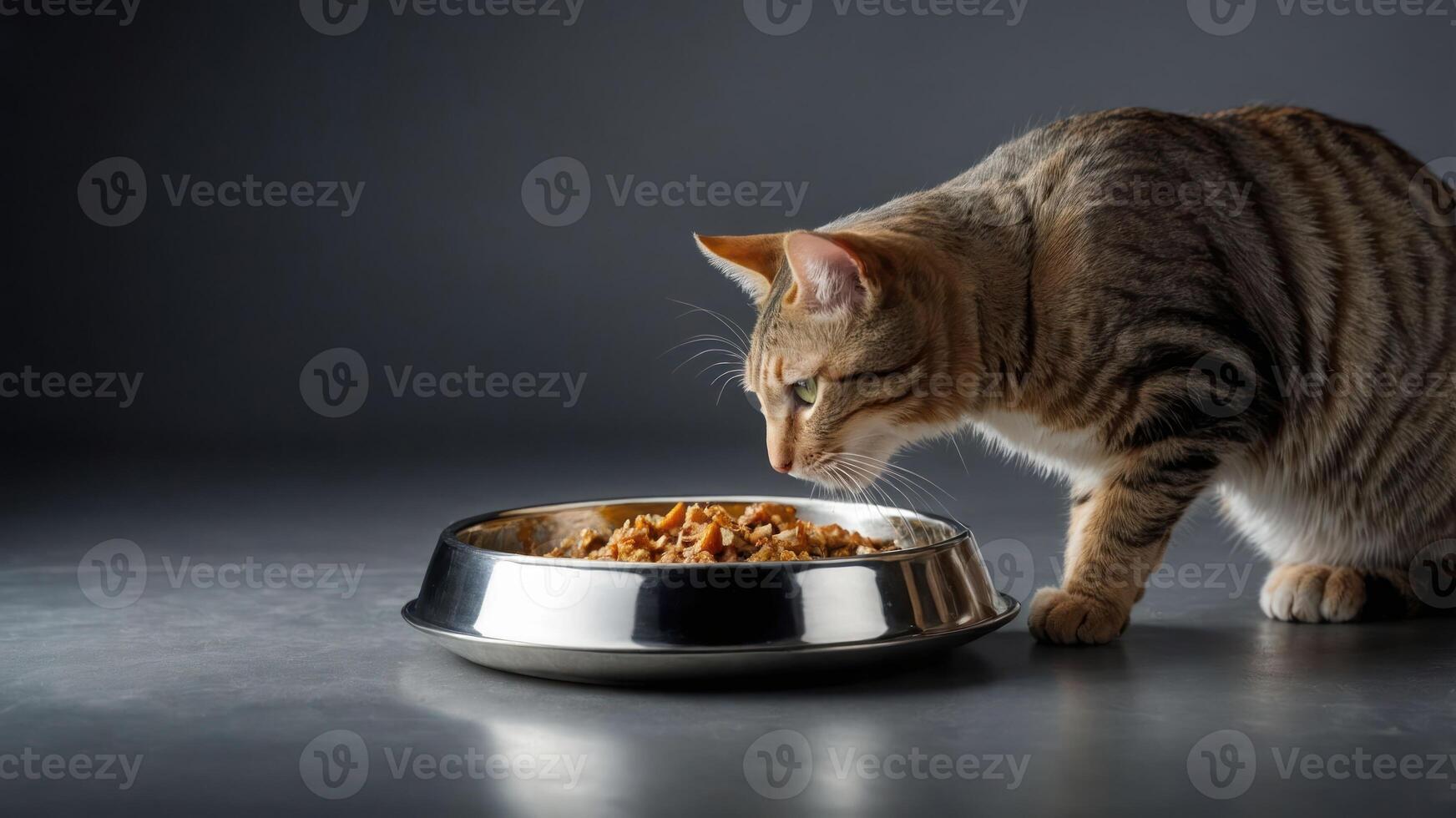 A cat curiously approaches a bowl of food, highlighting its interest in mealtime. photo