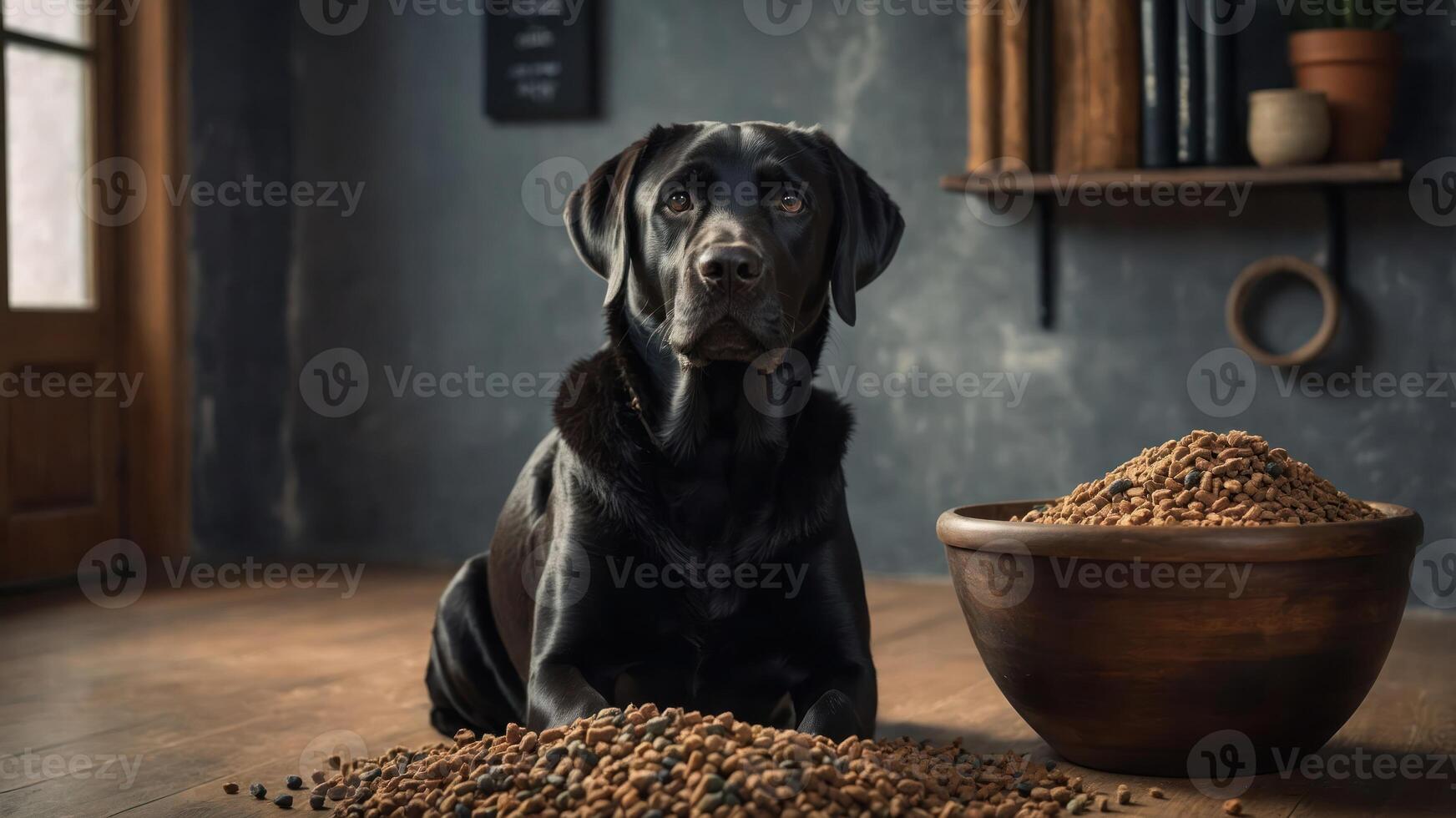 A black dog sits beside a bowl of pet food, surrounded by kibble on the floor. photo