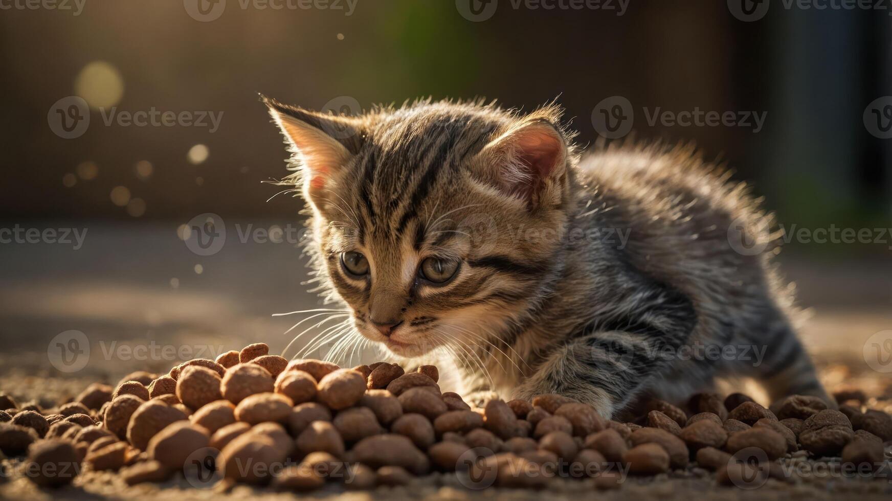 A playful kitten curiously explores a pile of cat food in a sunlit setting. photo