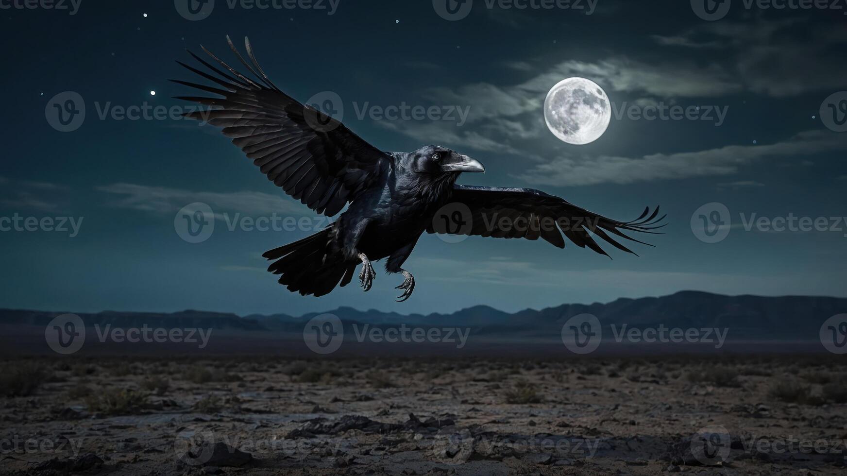 A raven soars under a full moon in a desert landscape, creating a mystical atmosphere. photo