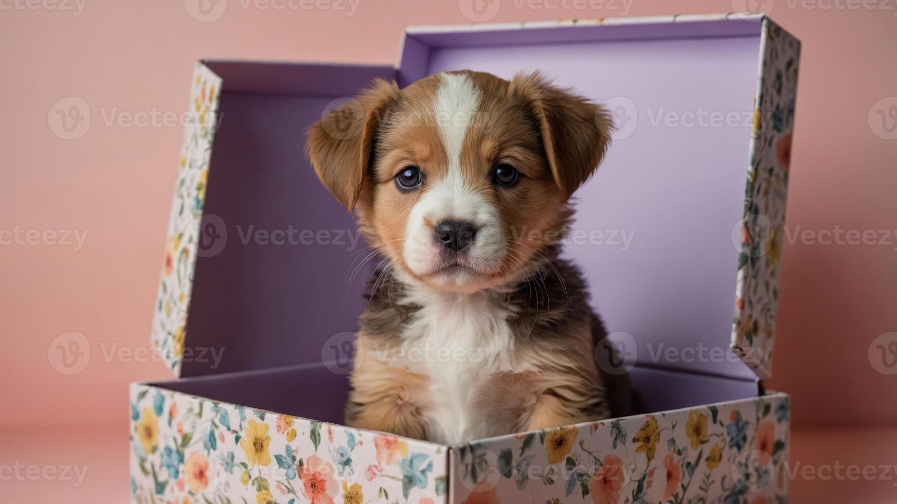 A cute puppy sitting in a floral box against a pink background. photo