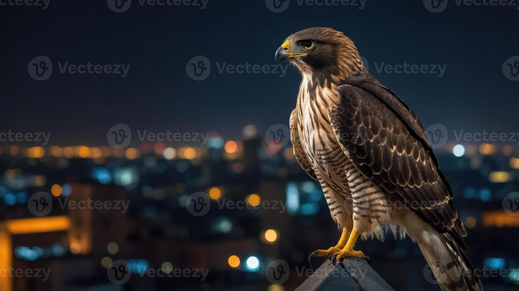 A hawk perched on a rooftop at night, overlooking a city illuminated by lights. photo