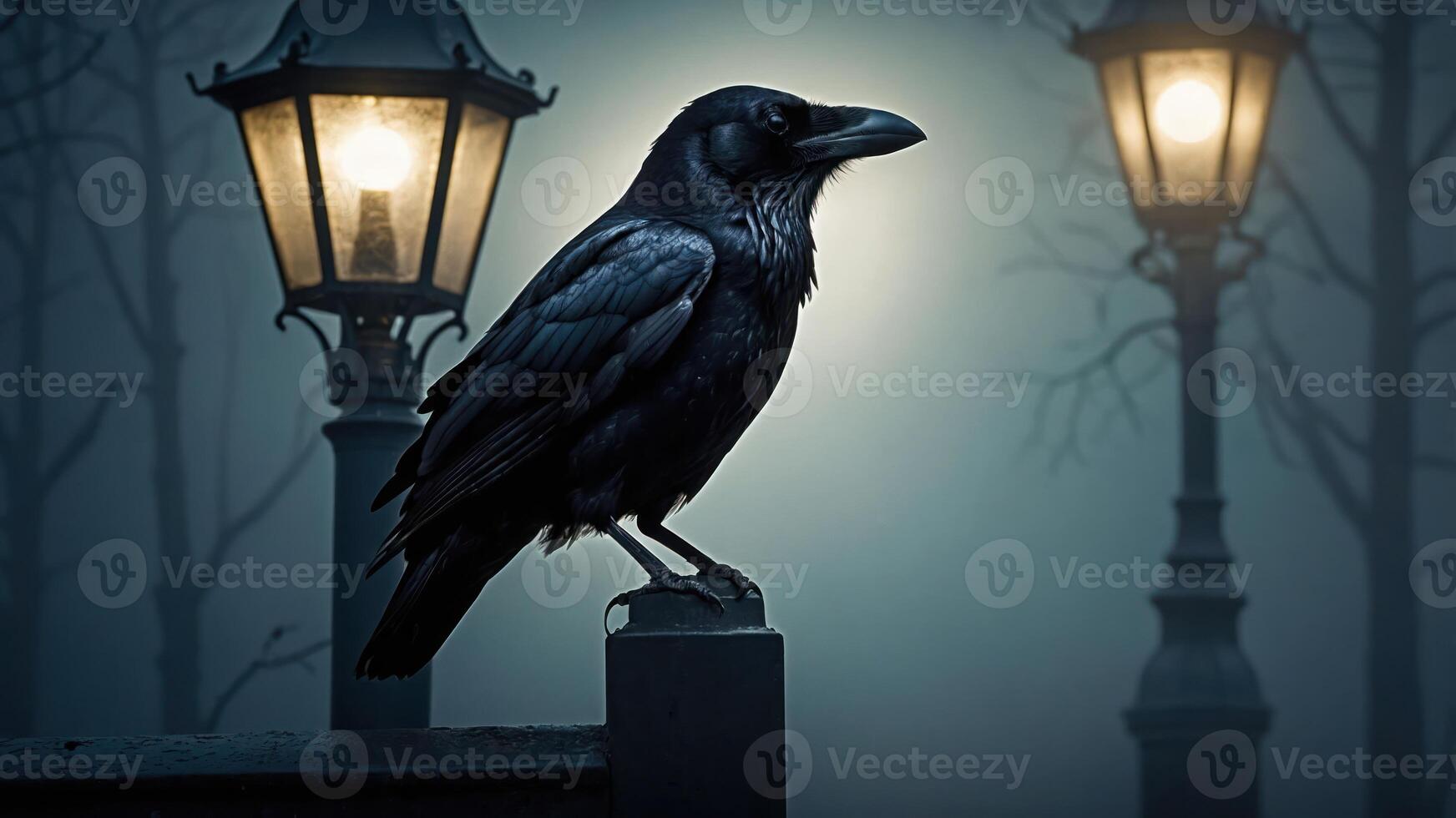 A raven perched near glowing lanterns in a misty, atmospheric setting. photo