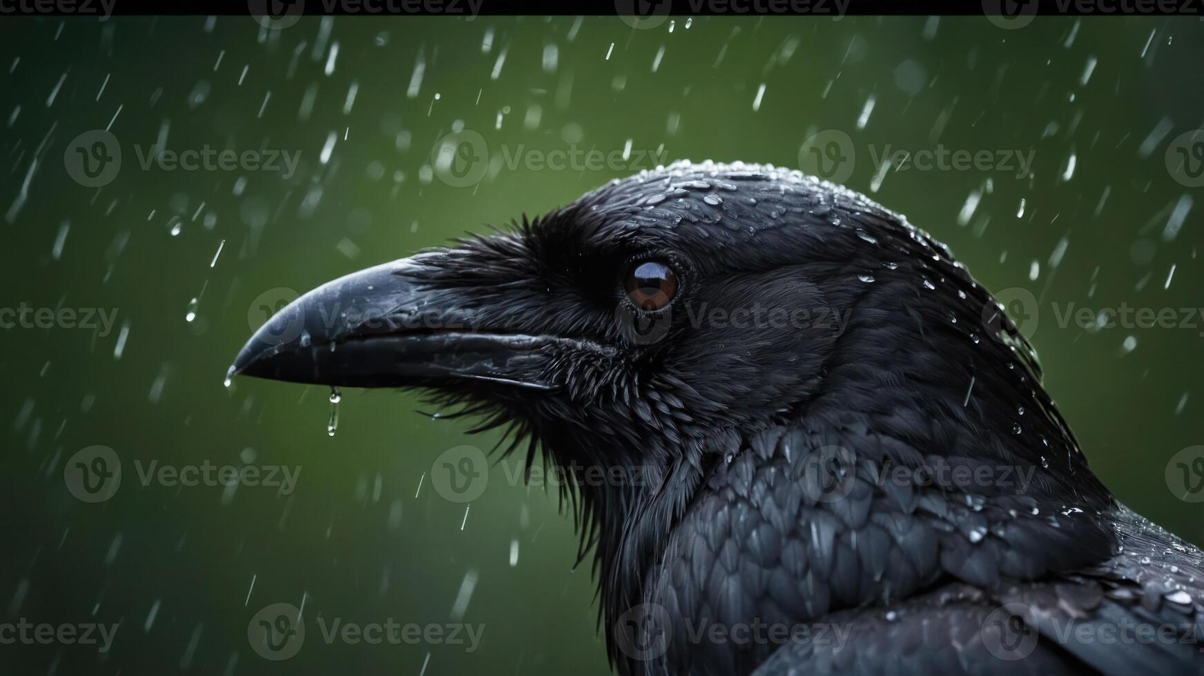 A close-up of a raven's head with raindrops on its feathers against a blurred background. photo