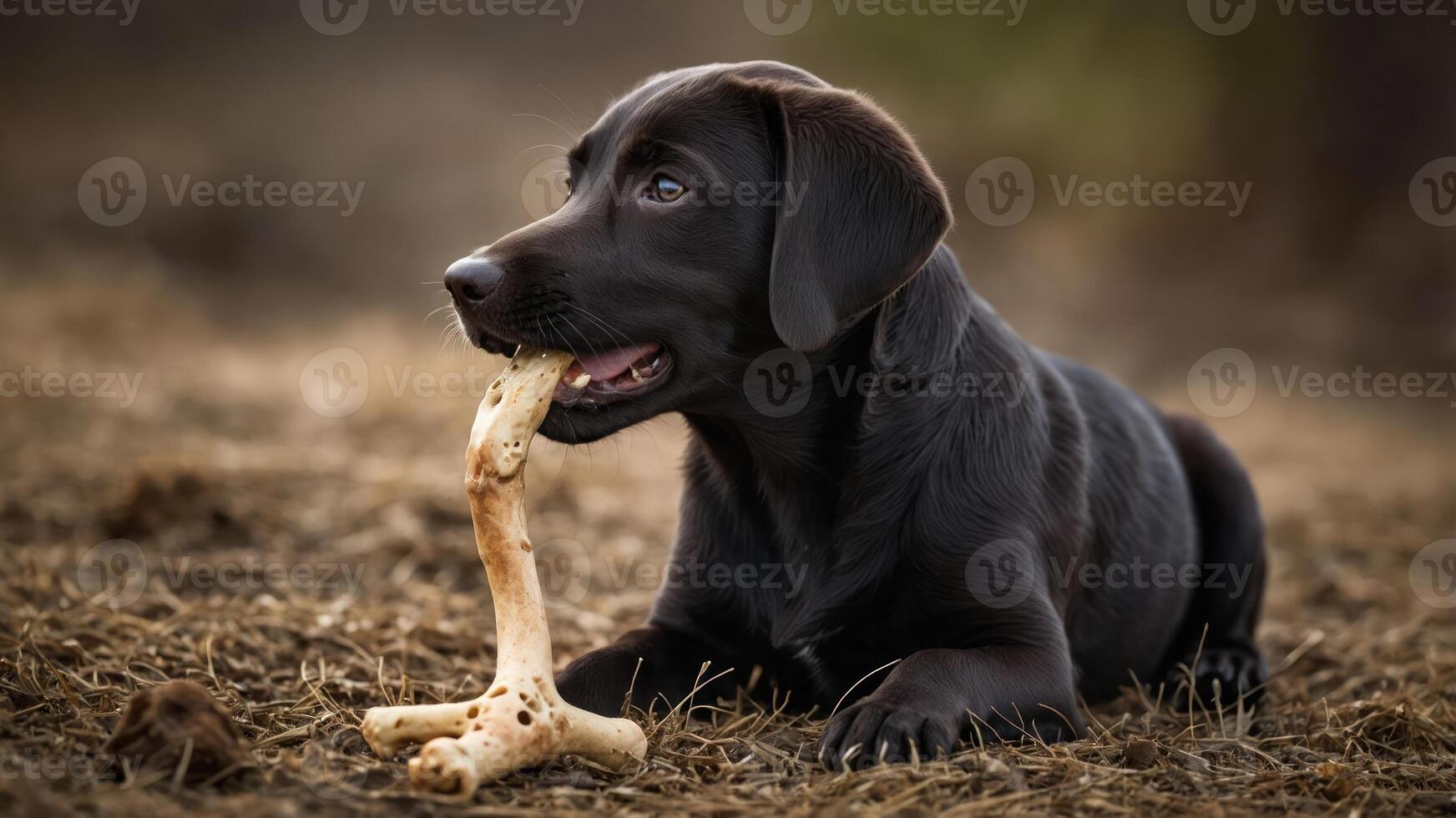 A playful black Labrador puppy chewing on a bone in a natural outdoor setting. photo