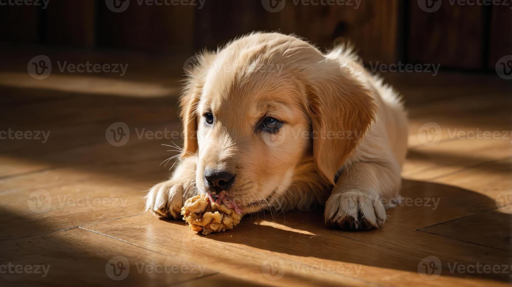 A playful golden retriever puppy chewing on a toy in a sunlit room. photo