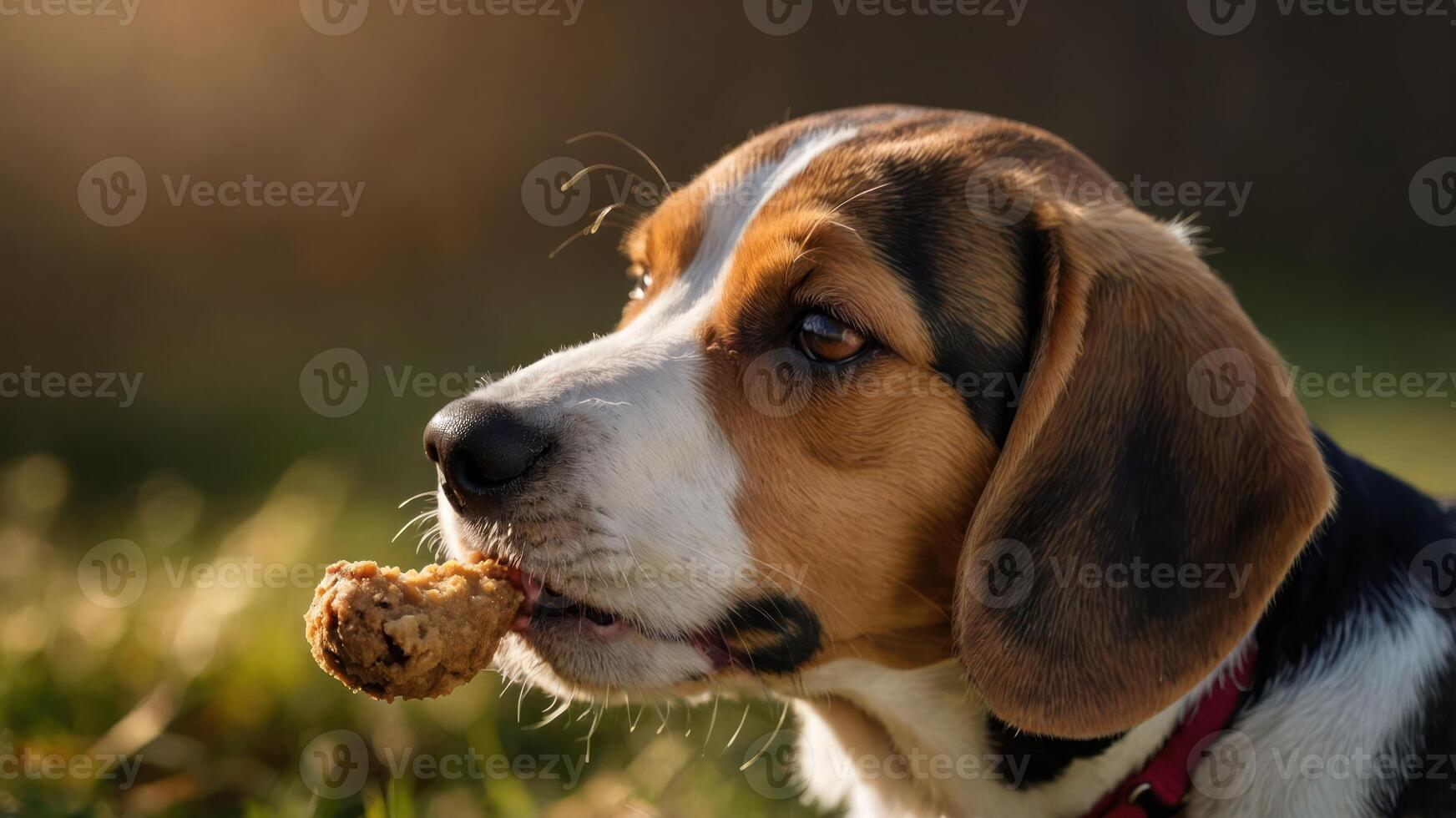 A beagle enjoying a piece of food outdoors in a natural setting. photo