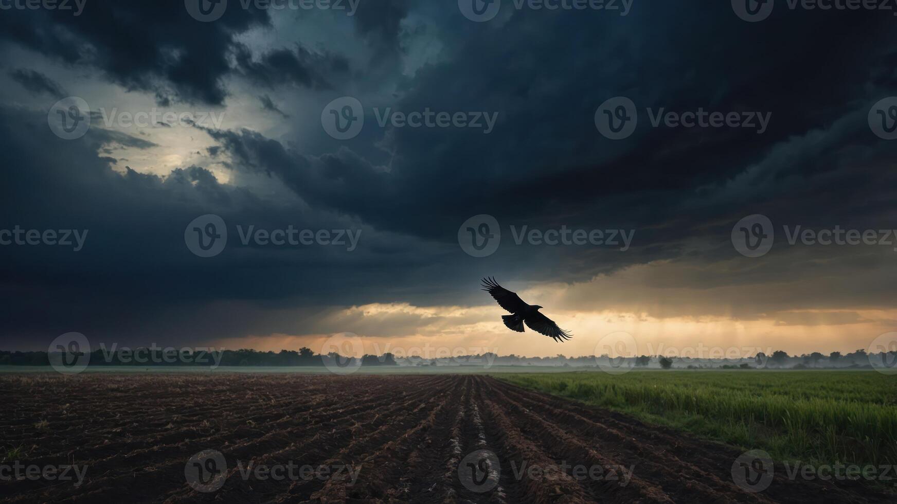 A solitary bird flies over a dark, moody landscape with storm clouds and a plowed field. photo