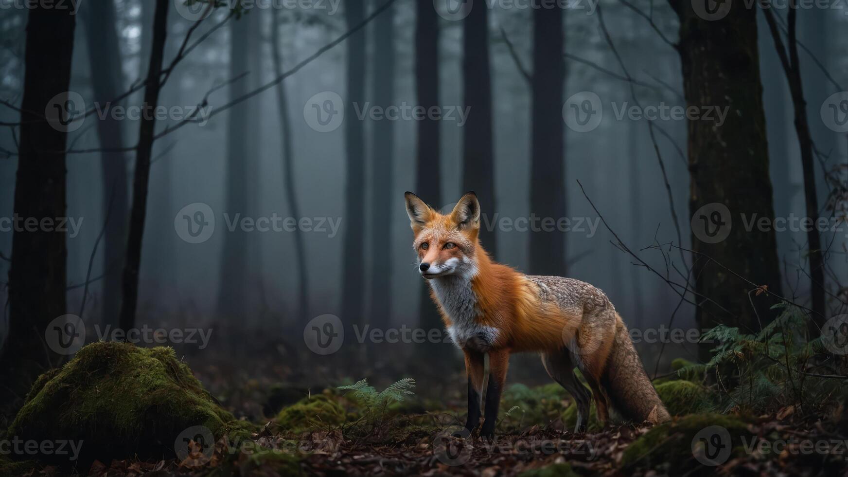 A fox stands in a misty forest, showcasing nature's beauty and wildlife. photo