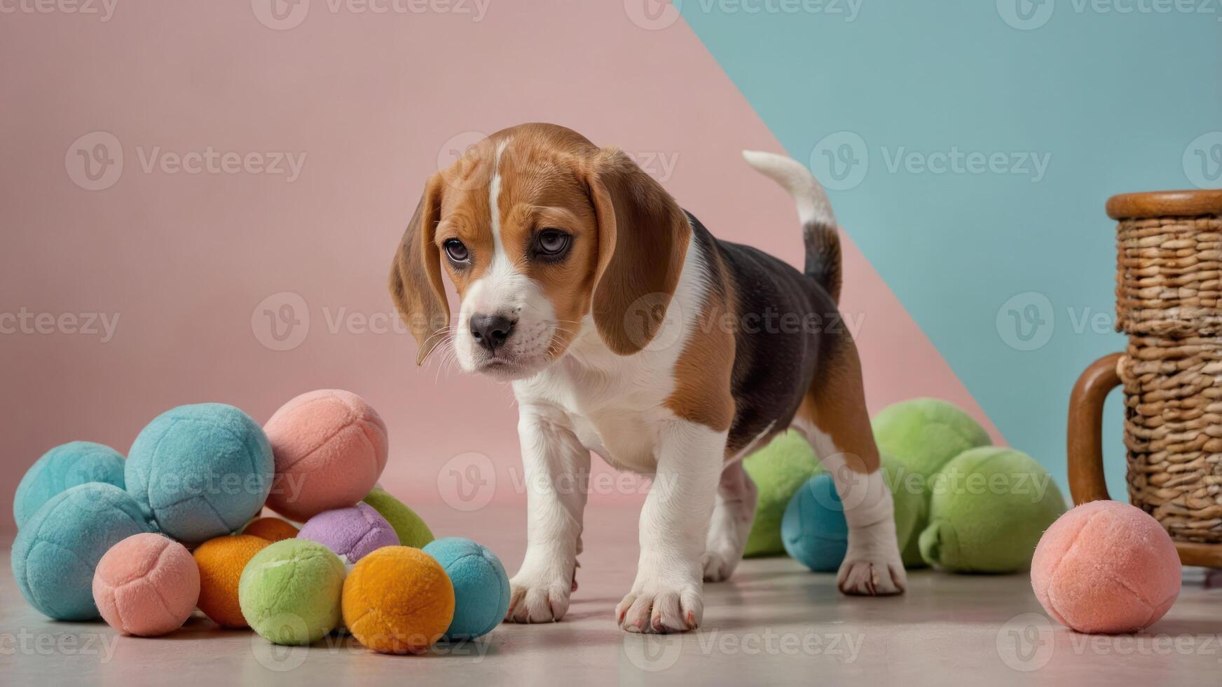 A playful beagle puppy surrounded by colorful balls in a cheerful setting. photo