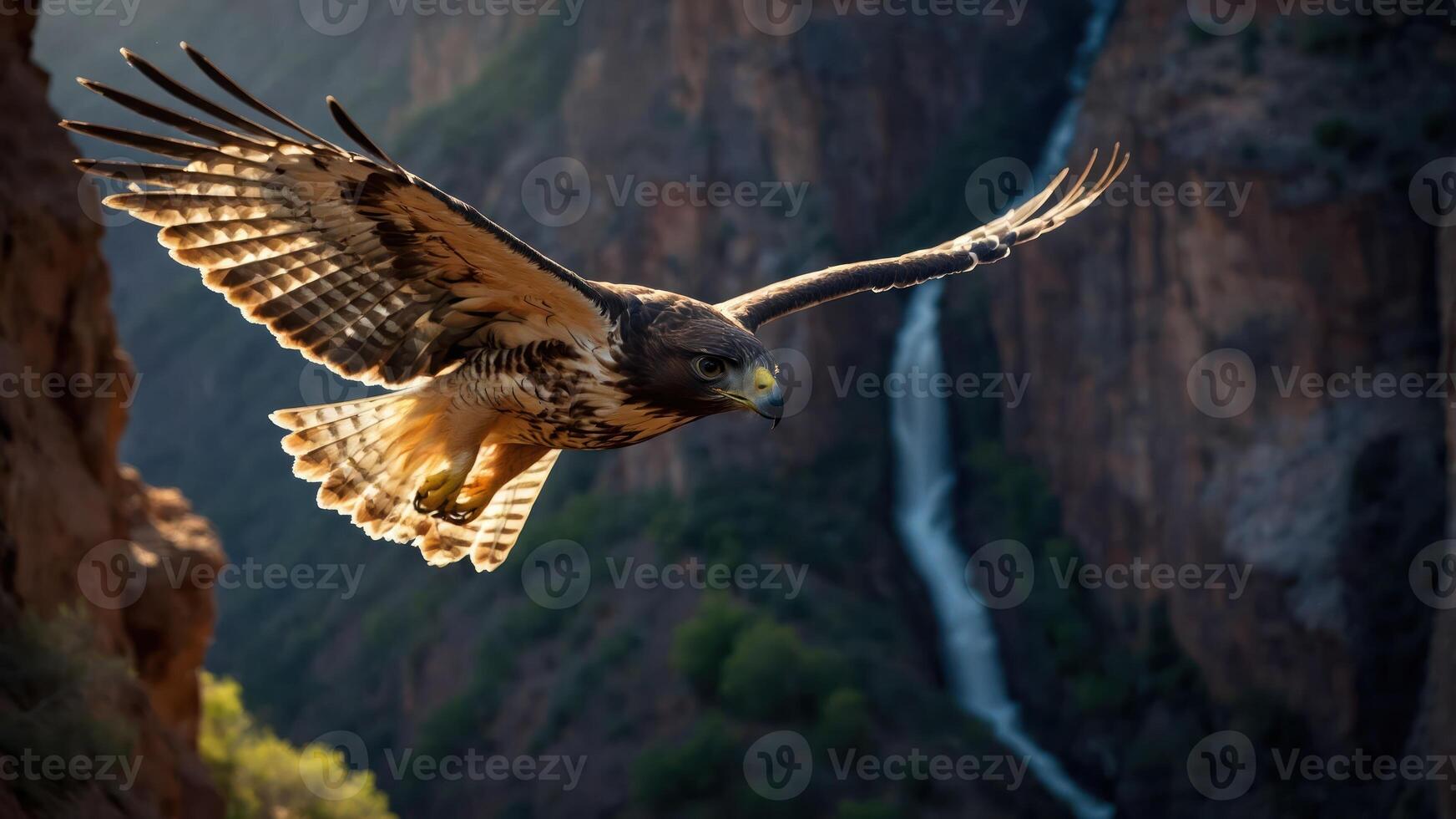 A hawk soaring above a canyon with a waterfall in the background. photo