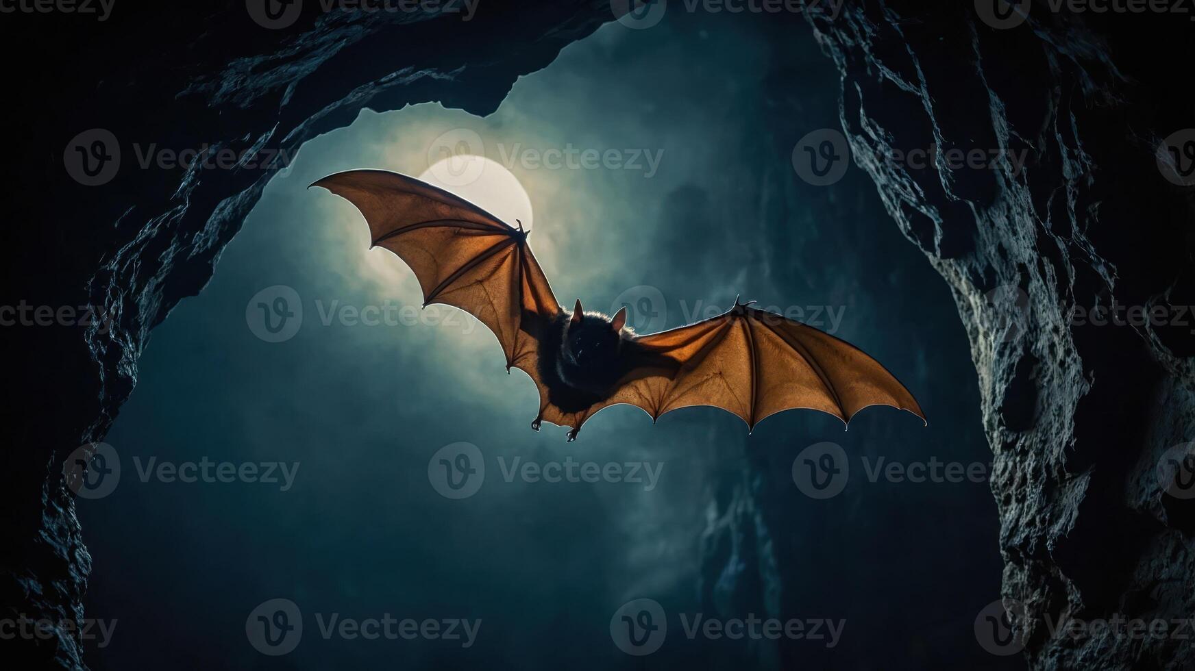 A bat flying through a cave with a full moon in the background, creating a mystical atmosphere. photo