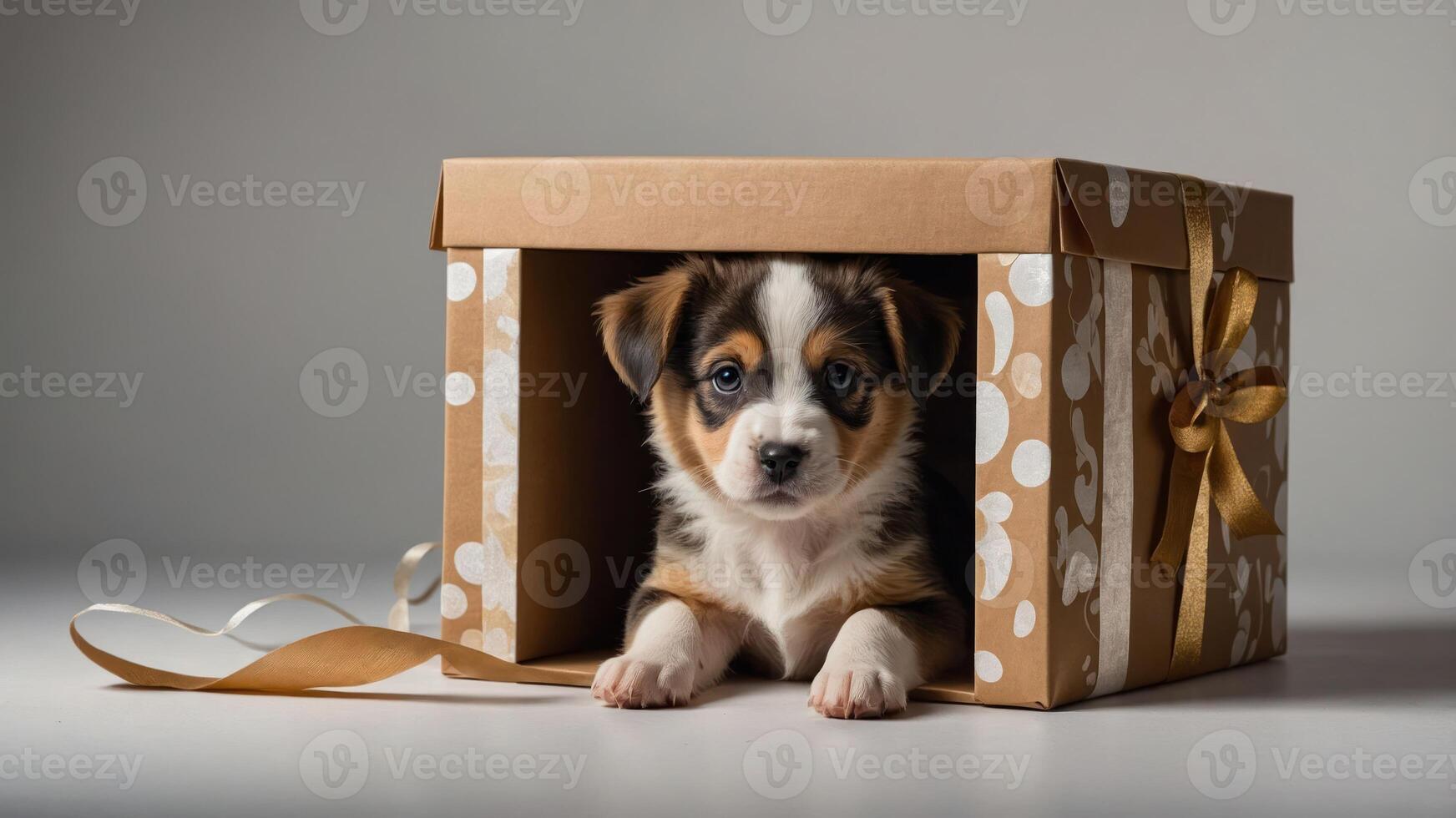A playful puppy peeks out from a gift box, showcasing a cute and festive scene. photo