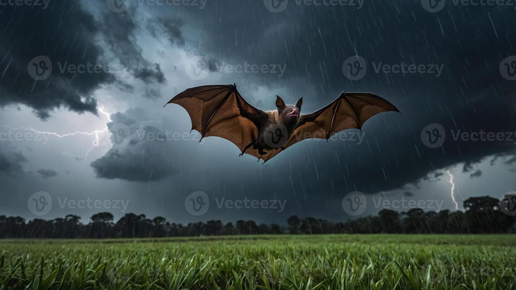 A bat flying in a stormy sky with lightning over a green field. photo