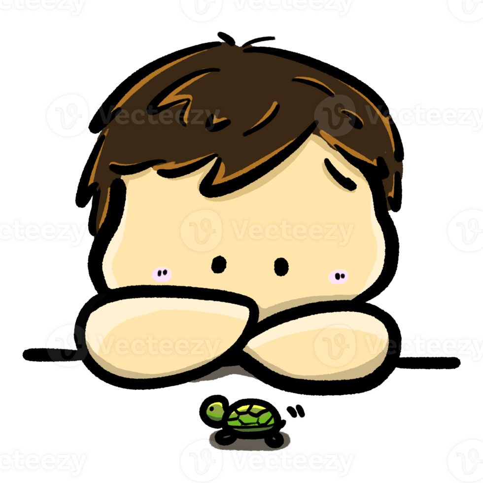 Little boy watching turtle, doodle cartoon illustration, boy character and animal design. png