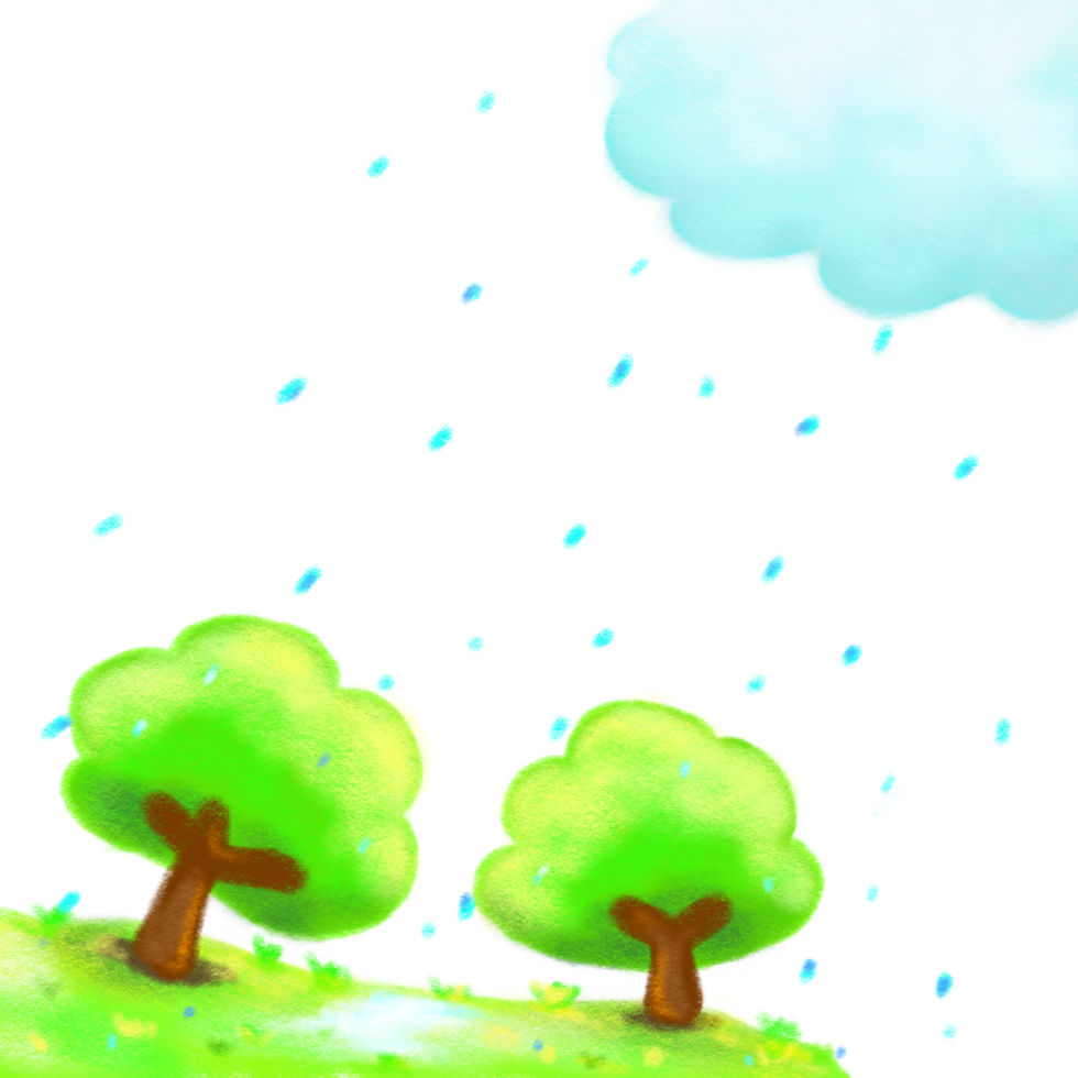 Grassland and two trees in the rain crayon drawing, cartoon cute spring nature background png