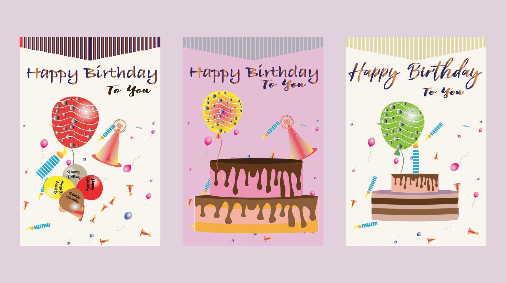 Happy birthday card design set. Trendy greeting cards with cake, different color helium balloons, party hat vector
