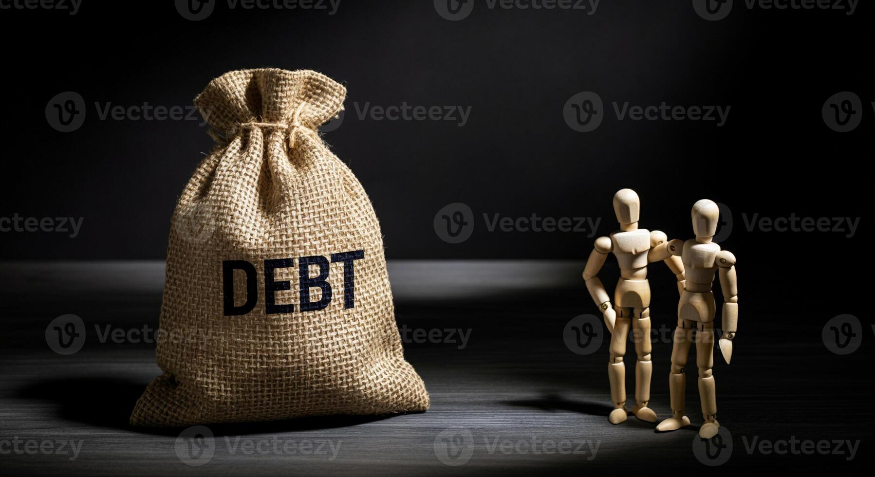 Money bag with debt and wooden figures representing finance and financial management photo