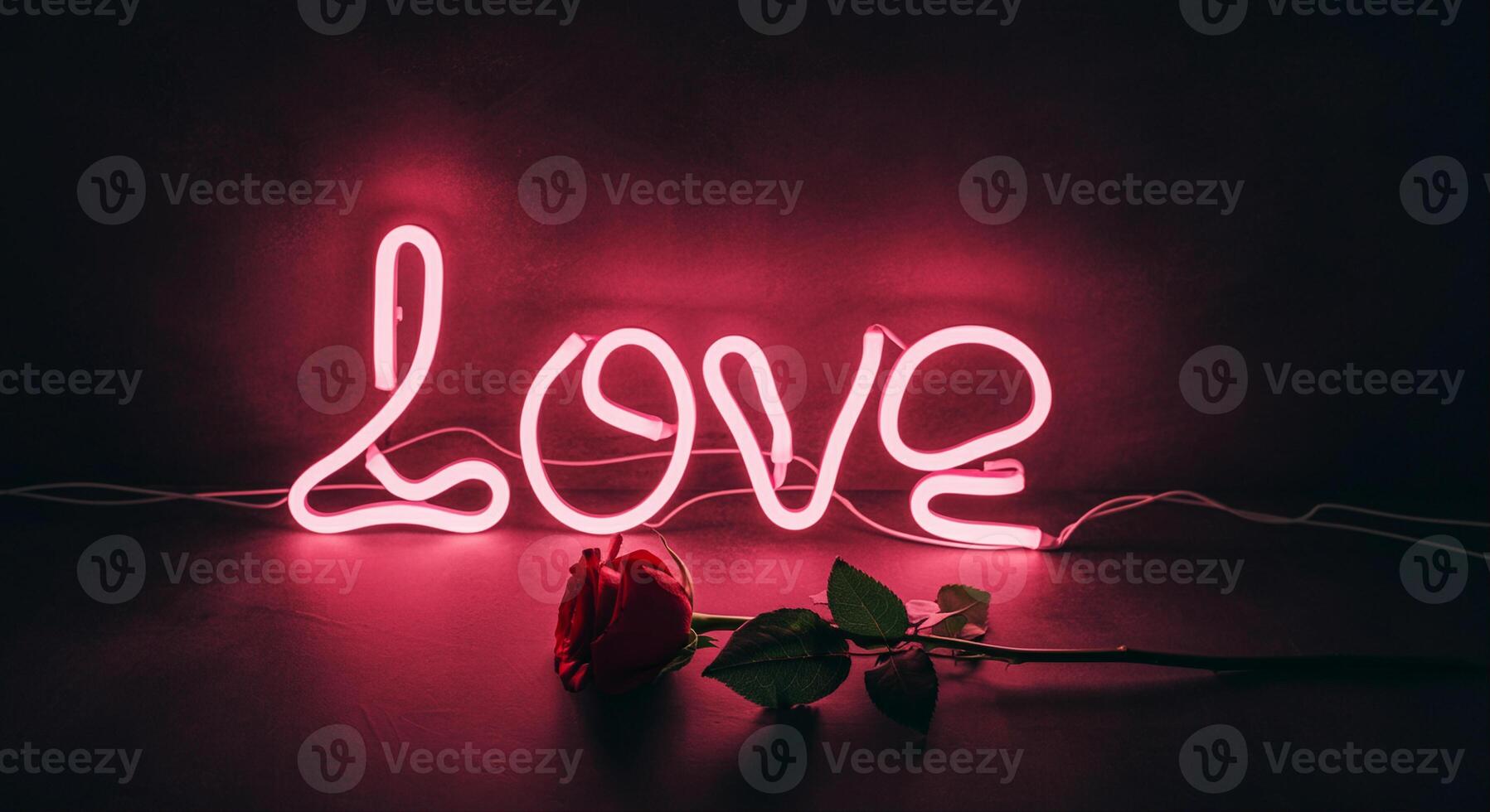 Neon sign with love and rose in pink light for romantic decoration and atmosphere photo