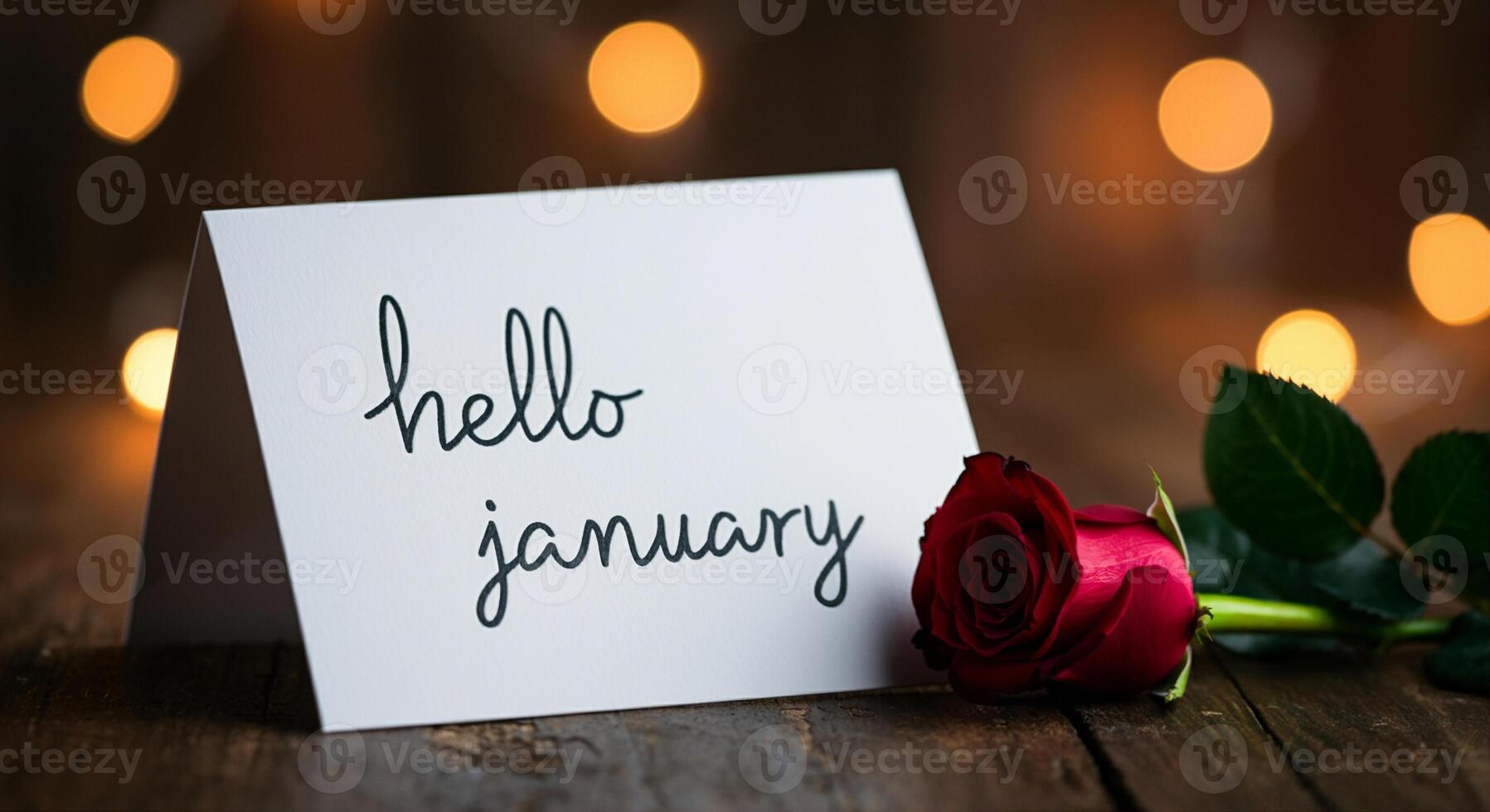 Rose and greeting card with handwritten message and bokeh lights background photo