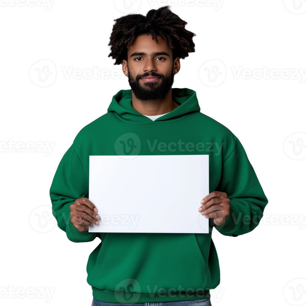 Man holding blank white sign wearing green hoodie on transparent background png