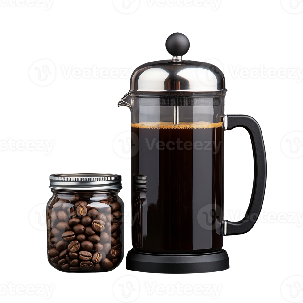 French press coffee maker with jar of coffee beans on transparent background png