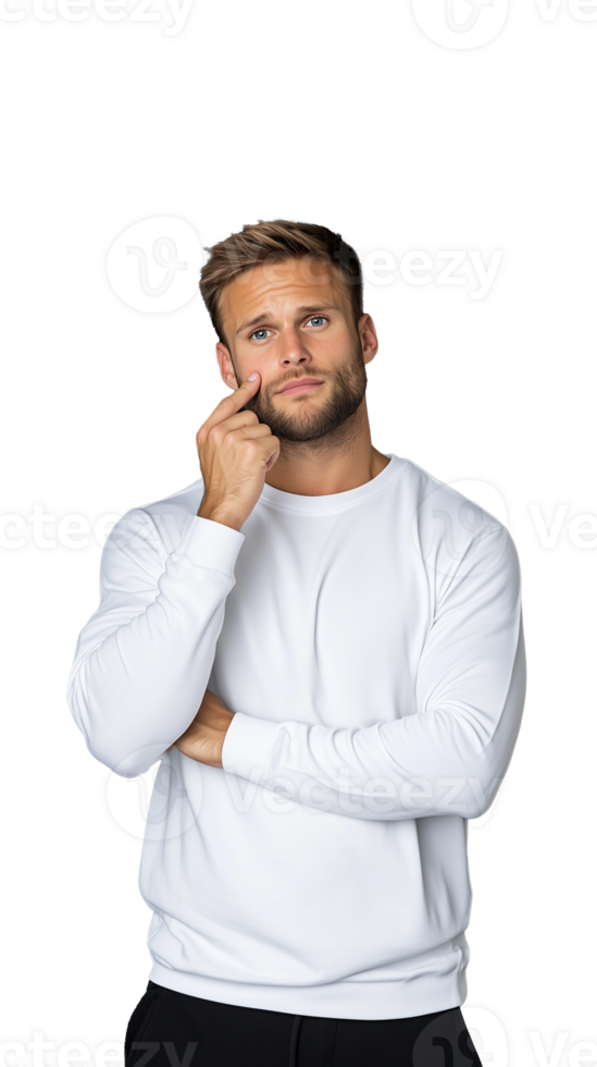 Pensive man in white sweater with hand on chin on transparent background png