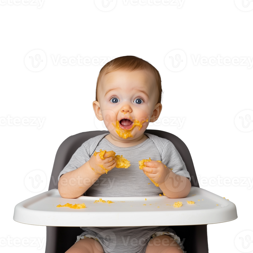 Baby making a mess with food in highchair on transparent background png