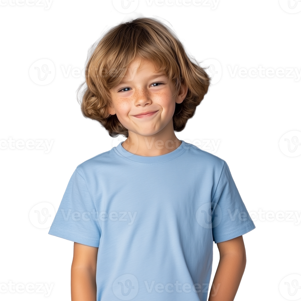 Young boy with blonde hair in blue shirt smiling on transparent background png
