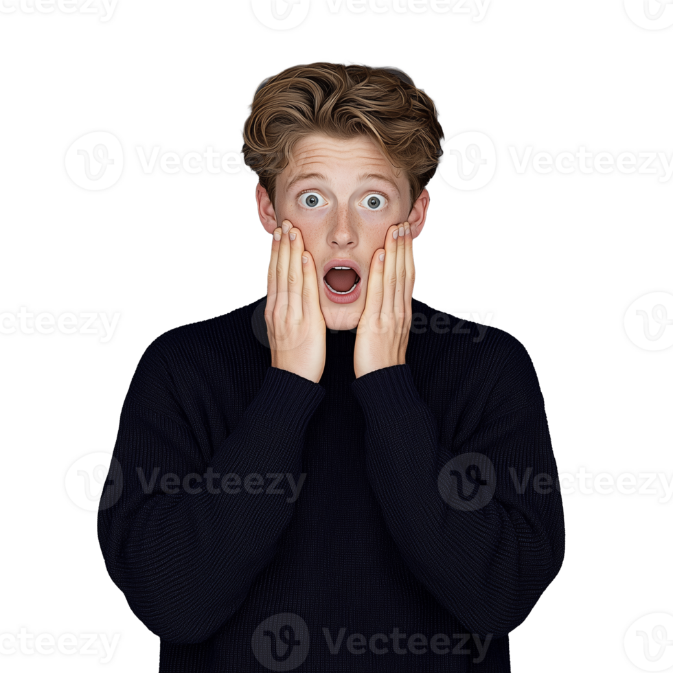 Surprised boy with hands on cheeks in navy sweater on transparent background png