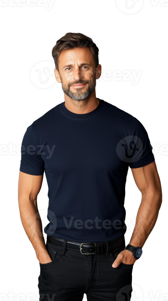 Man in blue t shirt smiling with hands in pockets on transparent background png
