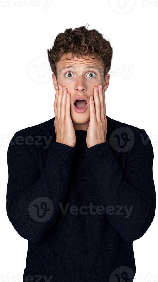 Shocked young man in navy sweater holding face on transparent background png