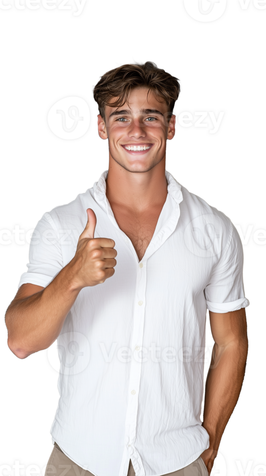 Smiling man in white shirt giving thumbs up on transparent background png