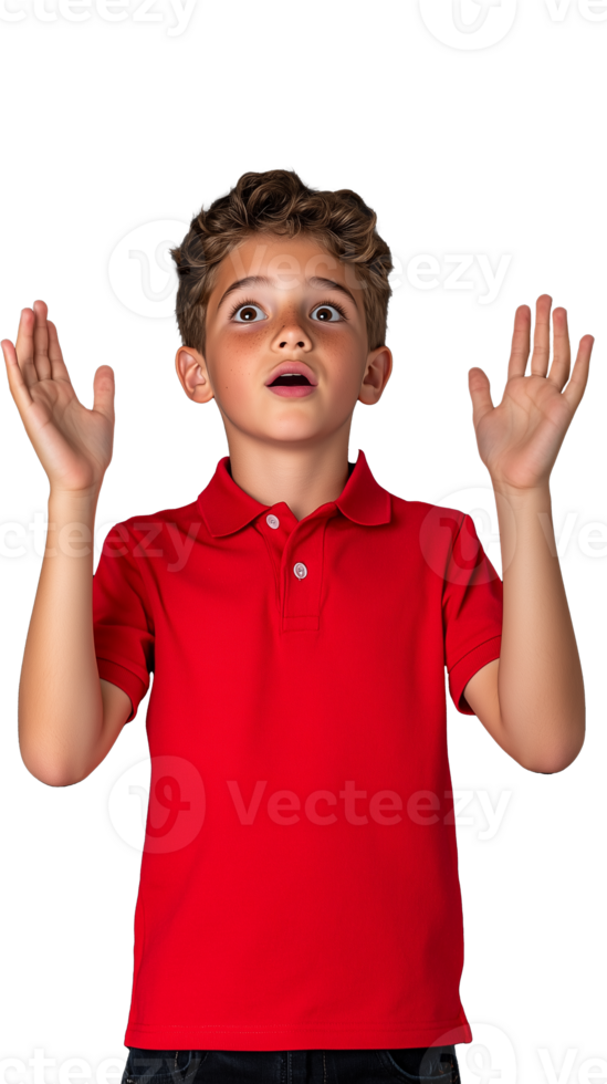 Surprised boy in red polo shirt raising hands on transparent background png