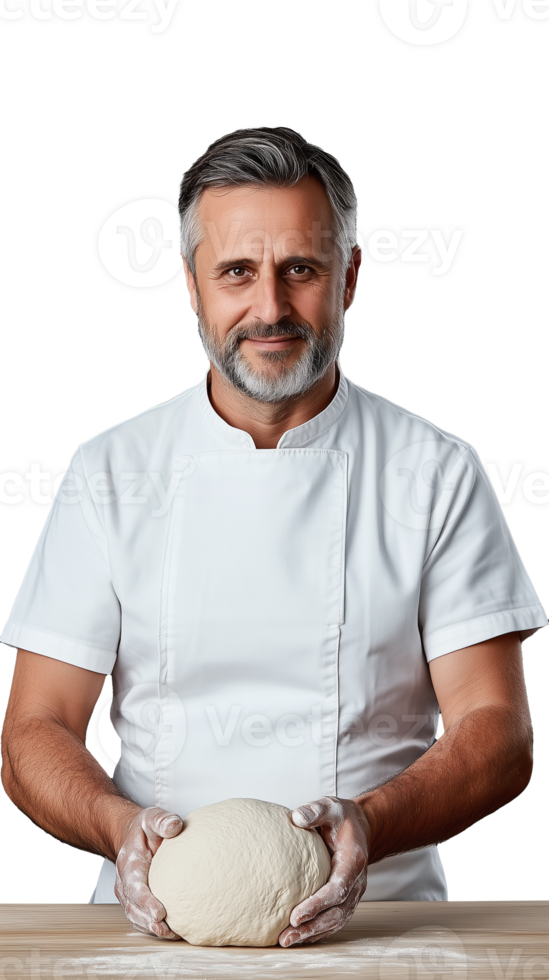 Smiling chef in white uniform kneading dough on transparent background png