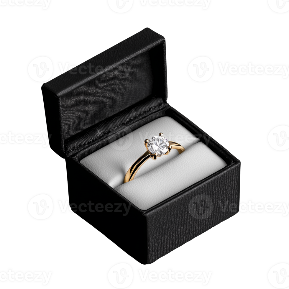 Open black ring box displaying diamond engagement ring on transparent background png