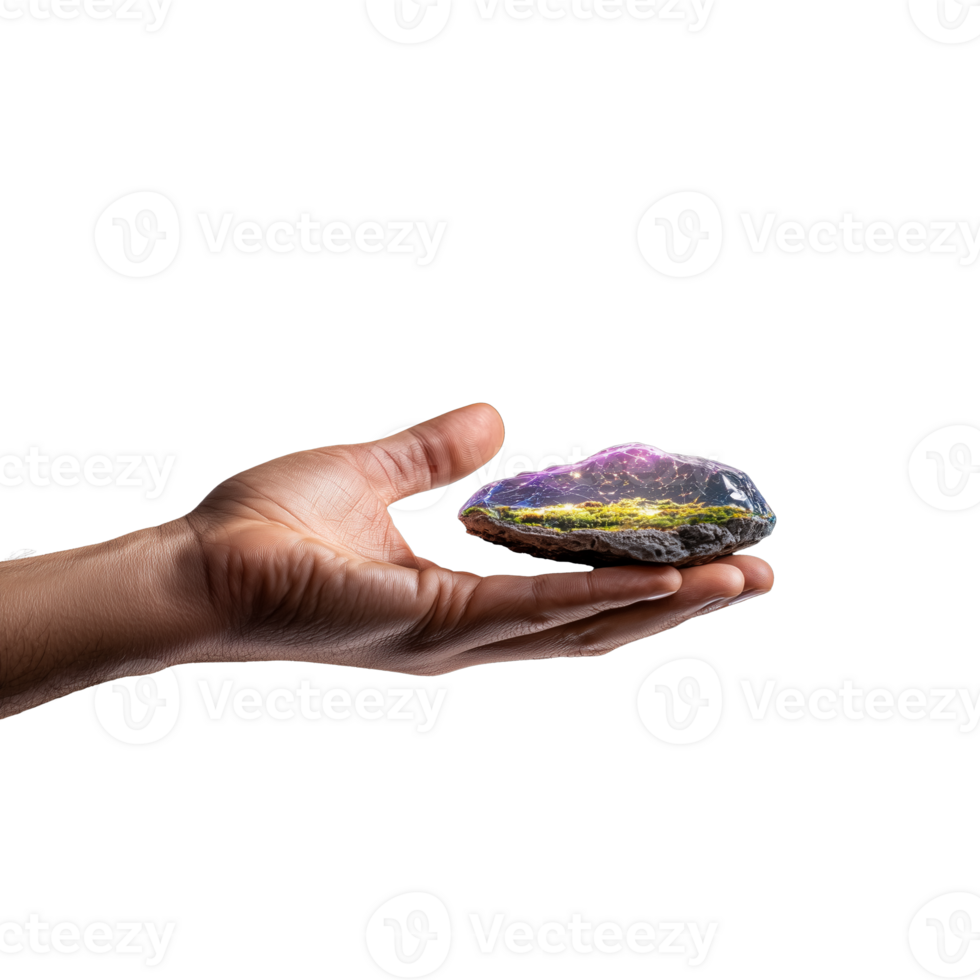 Hand presenting colorful crystal rock on transparent background png