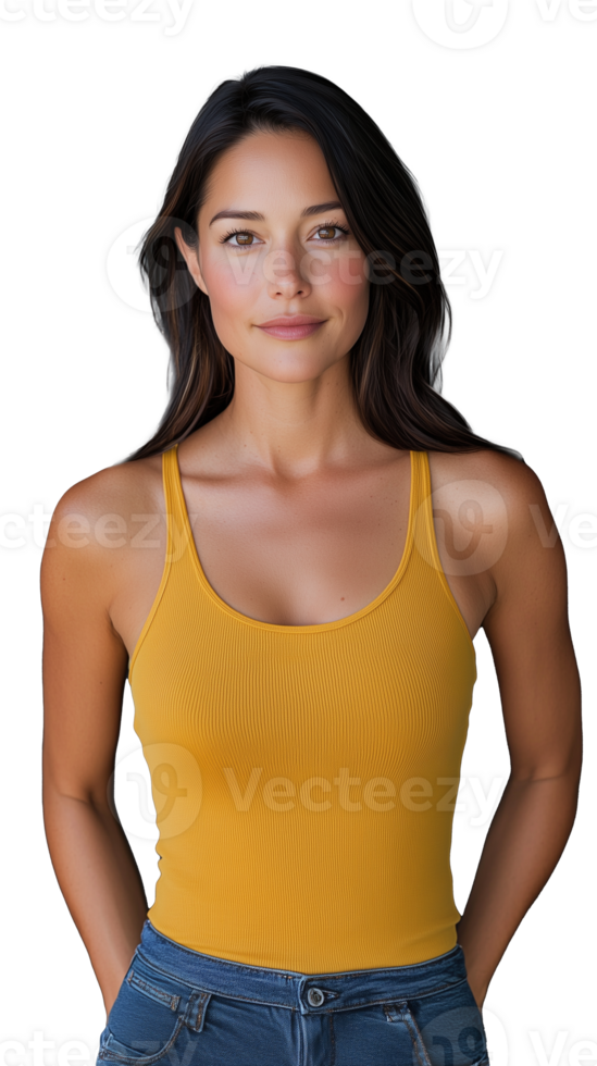 Young woman in yellow tank top smiling on transparent background png