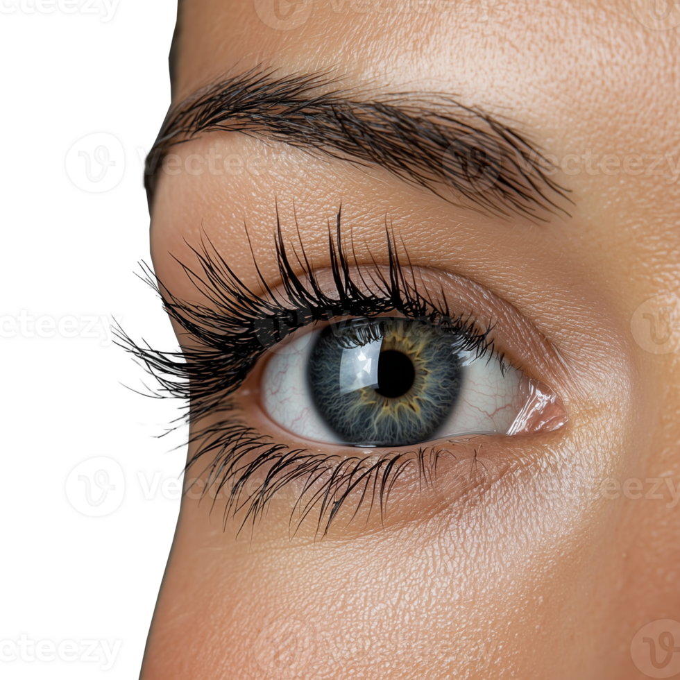Close up of blue eye with long eyelashes on transparent background png