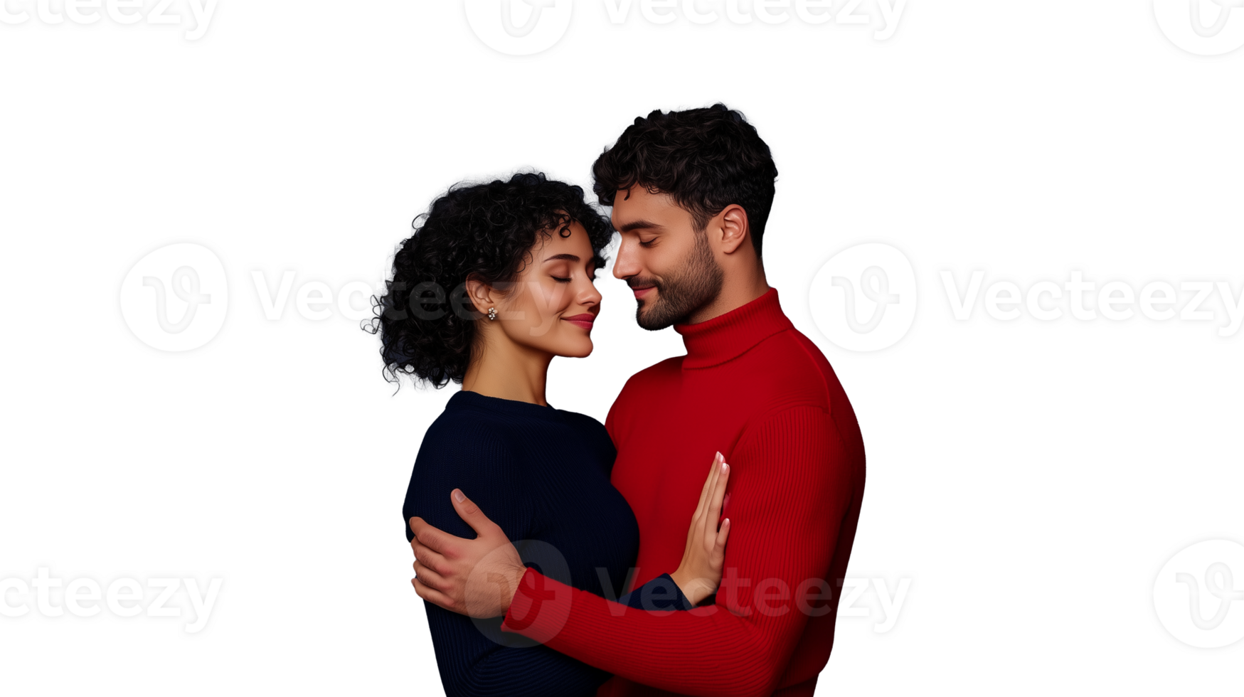 Young couple in red and navy embracing each other on transparent background png