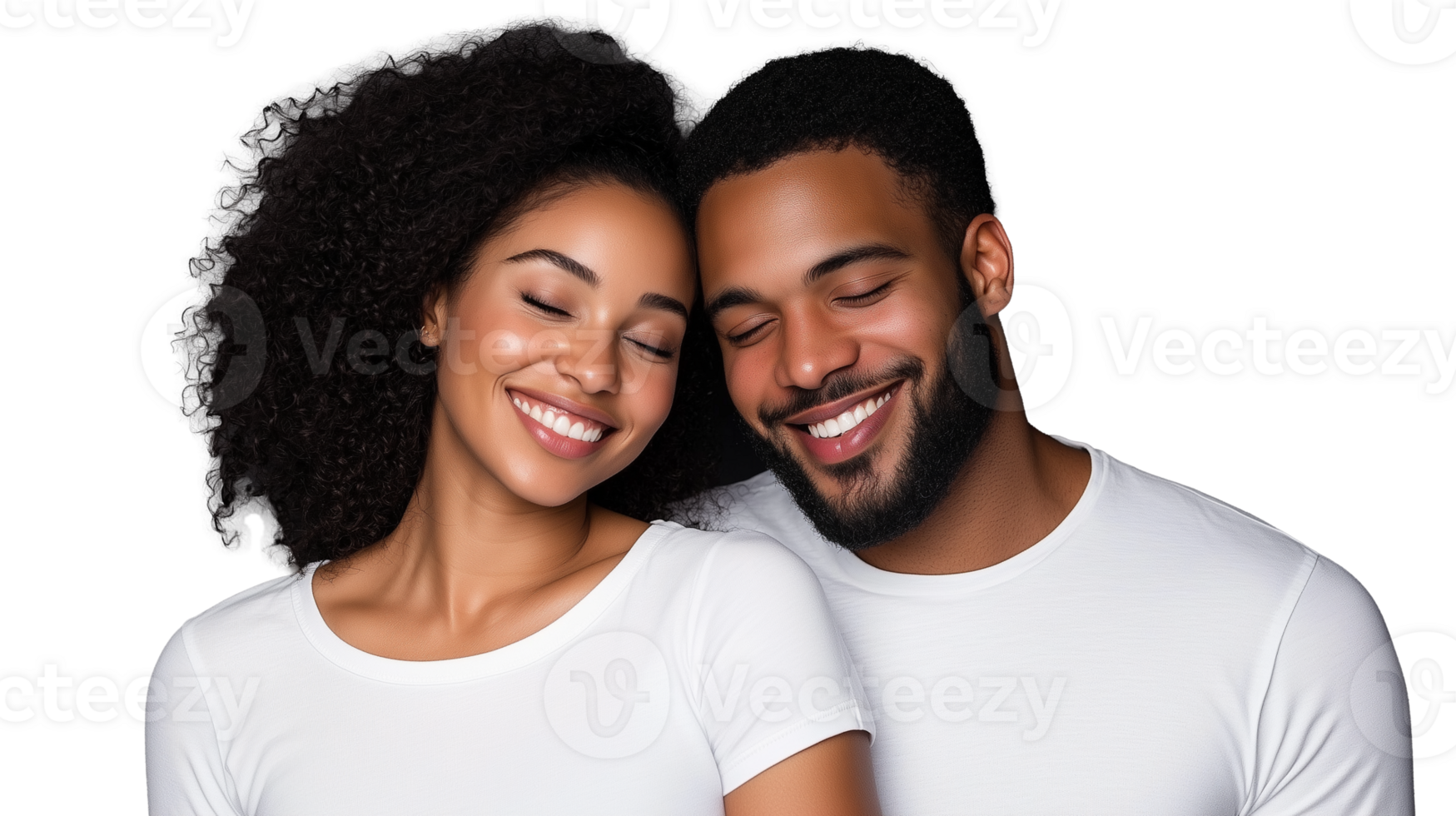 Smiling couple in white shirts close together on transparent background png