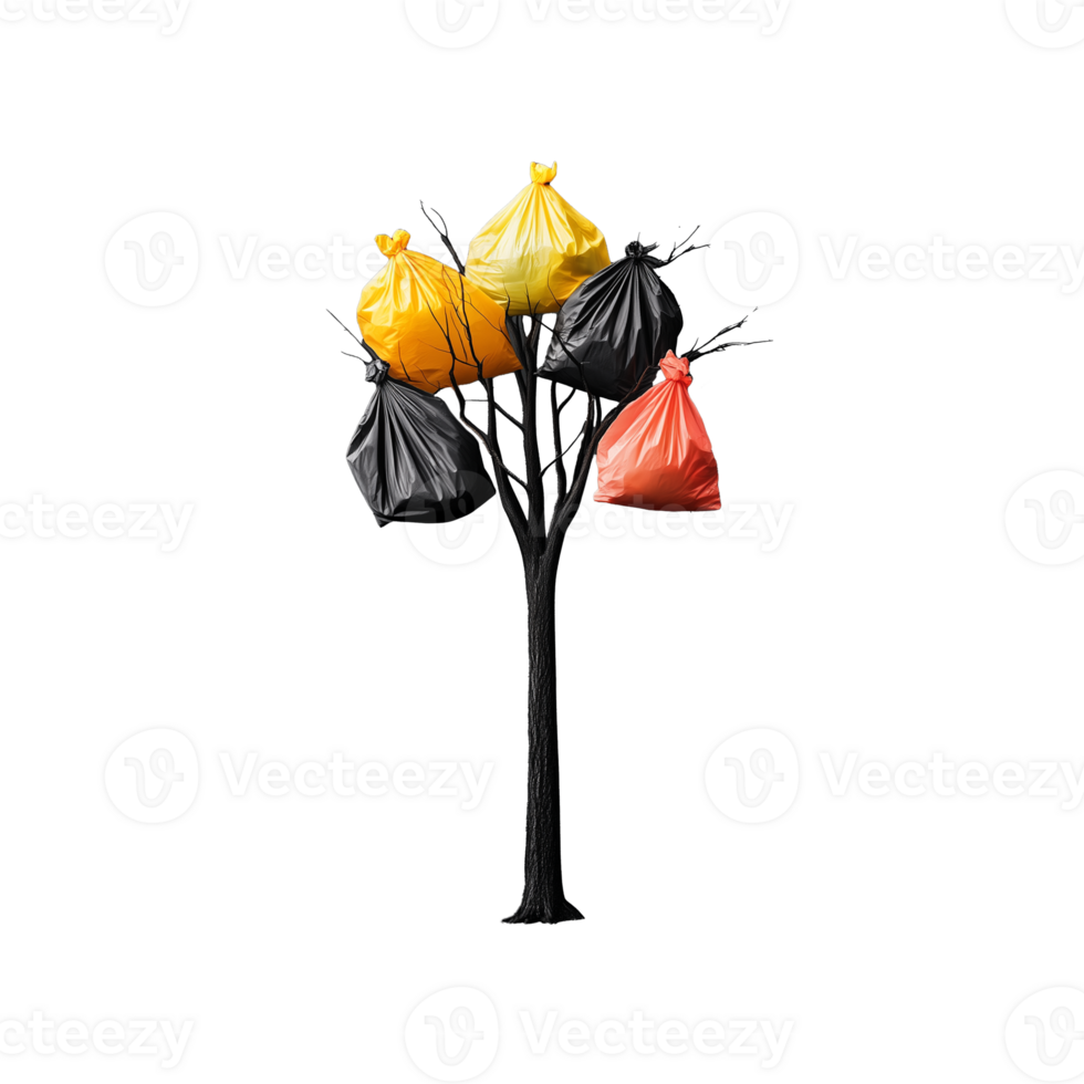 Black tree with colorful trash bags on branches isolated on transparent background png