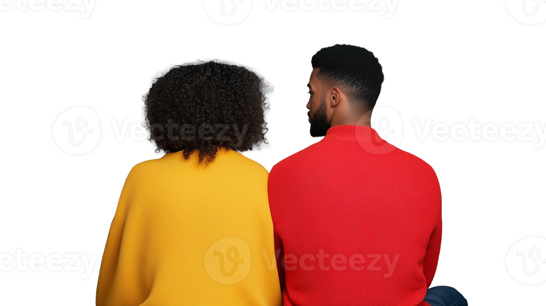 Couple in contrasting colors looking away from each other on transparent background png