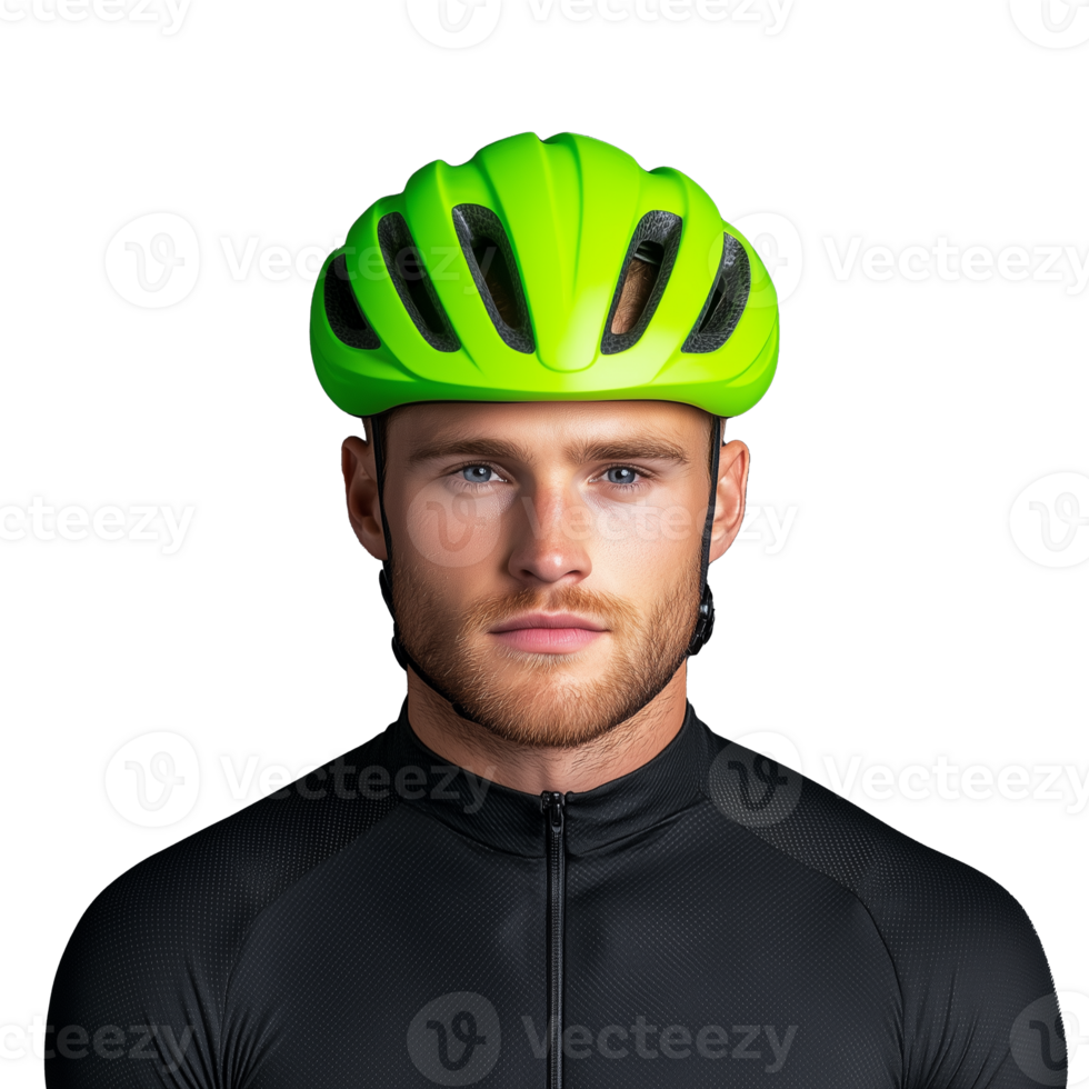 Portrait of cyclist with green helmet isolated on transparent background png