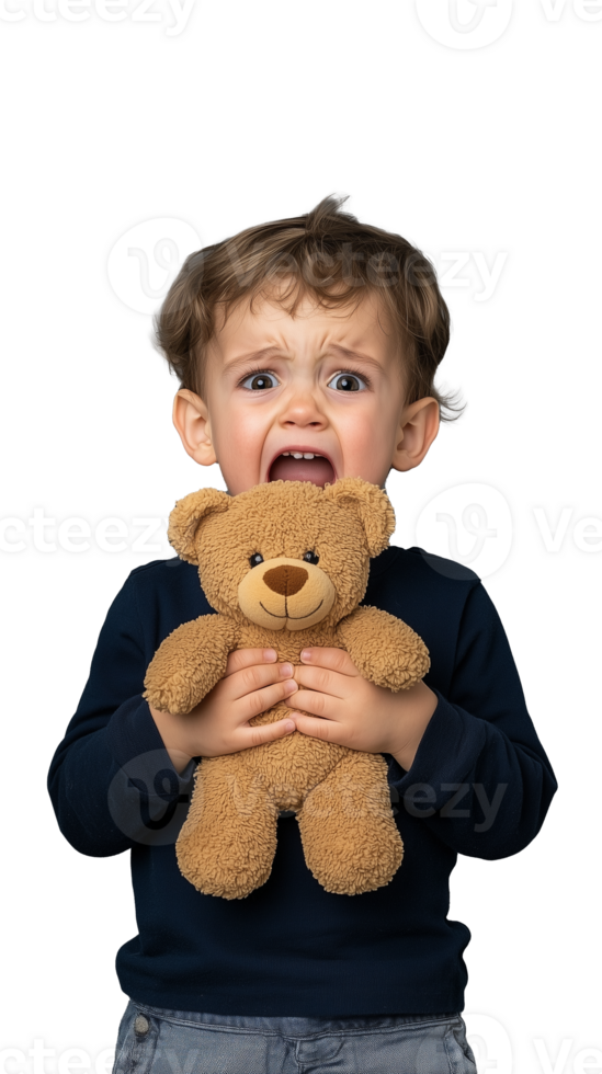 Frightened child holding teddy bear isolated on transparent background png